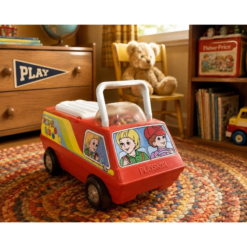 Vintage Playskool Pop N Ride Van 1970s Red Push Ride On Popper Toy